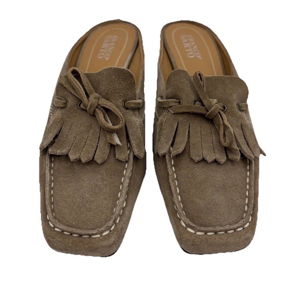 Franco Sarto Tan Kitten Heel Mules Tan Suede Fringe 8.5M Boho Western Slip On - Picture 2 of 11